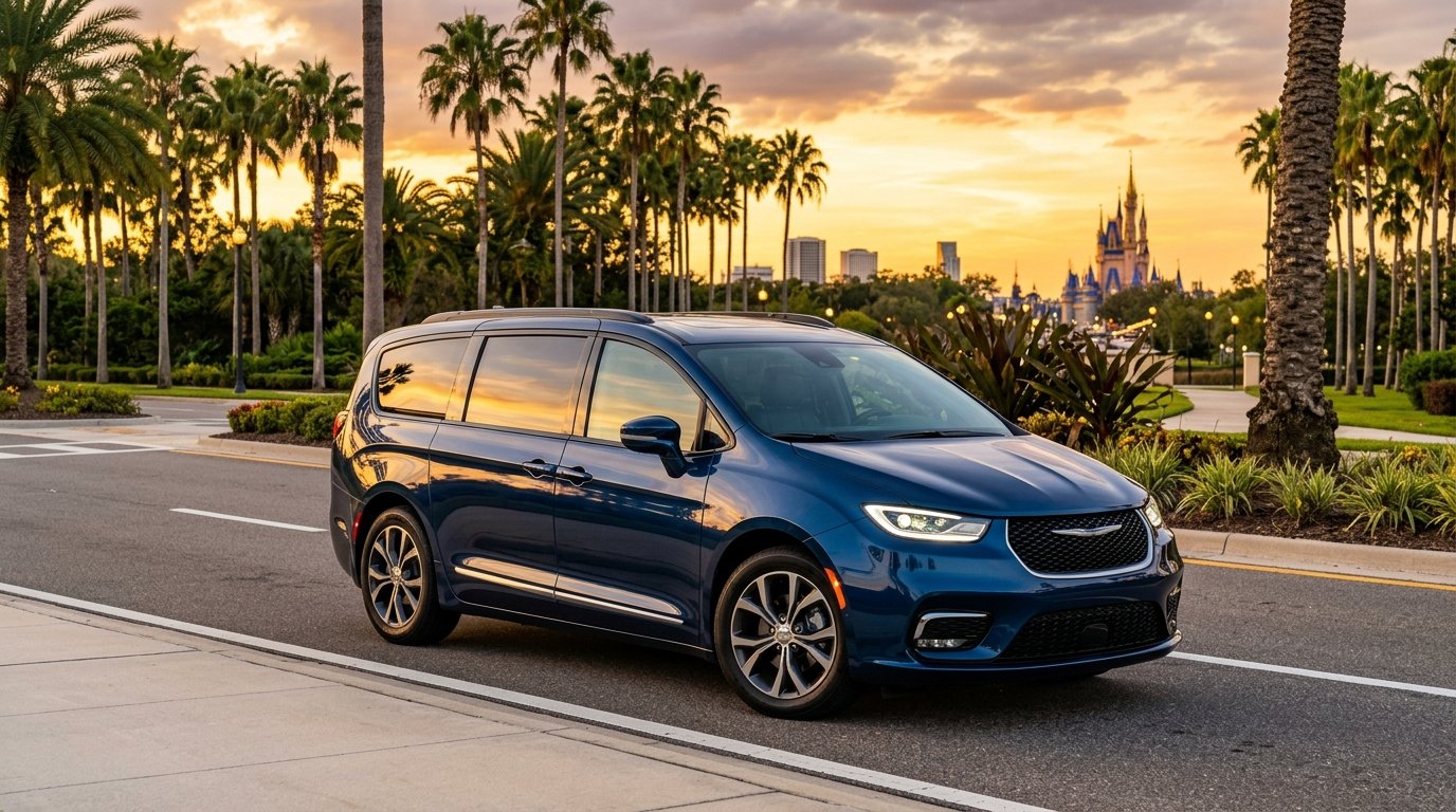 Minivan familiar moderna em Orlando Flórida com cenário temático